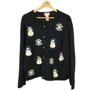 Crystal Kobe‎ Black Button Down Snowman Snowflake Tacky Christmas Sweater M